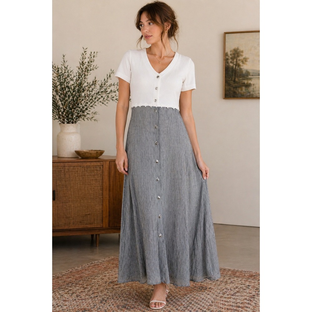 Vintage 90s L.A. Gal Colorblock Maxi Dress White Knit Gray Skirt 12